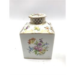Early 20th century Continental porcelain tea caddy of square section, hand-painted and gilded with courting scenes and floral bouquets, H13cm together with an 18th century Chinese Export tea bowl and another tea bowl (3)