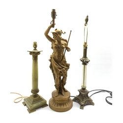 Gilded spelter table lamp in the form of a classical figure on a circular base  H60cm, an onyx table lamp with gilt metal mounts H42cm and one other lamp (3)