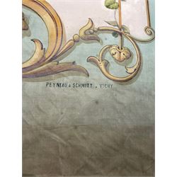 Large 19th/ early 20th century Art Nouveau 'Café Glacier' advertising wall hanging, hand painted onto canvas with an urn of flowers within a scrollwork border, entwined with foliate swags against a green ground, by Peyneau & Schmitt, Vichy, H270cm x W180cm 