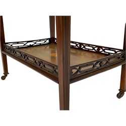 Late Victorian inlaid rosewood trolley, swivelling moulded rectangular drop leaf top over single frieze drawer, the lower tier with pierced gallery and inlaid with fan motif, on square tapering supports with brass and ceramic castors