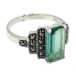Silver green stone and marcasite stepped design ring, stamped 925