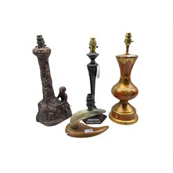 Pottery table lamp in the form of a tree trunk, horn table lamp and two others (4)