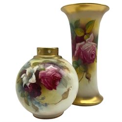 Early 20th century Royal Worcester vase by Mildred Hunt, of waisted cylindrical form, hand painted with roses, signed M Hunt, with puce printed marks beneath including shape number G923 and date code for 1938, H18.5cm max, together with a Royal Worcester pot pourri jar, of globuar form with pierced rim, hand painted with floral sprays, with blue printed marks beneath including shape number 1039 and date code for 1913 (2)