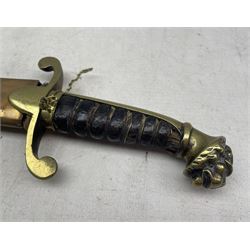 19th century short sword, possibly Continental, with slightly curved blade, brass hilt and ribbed grip in leather scabbard, blade length 53cm
