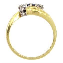 18ct gold three stone round sapphire and diamond ring, hallmarked