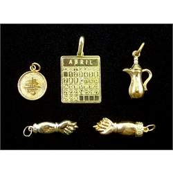 Gold diamond April calander pendant, gold hand charm and jug, all 18ct, one other 15ct gold hand charm and a 9ct Chinese pendant, all tested 