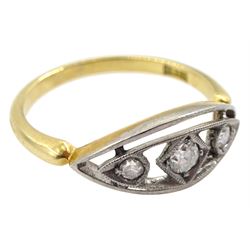 Early-mid 20th century gold three stone diamond ring in a palladium  openwork marquise setting, stamped 18ct