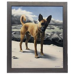 Houdi (Continental 20th century): 'Skiddawg!' Belgian Malinois Shepherd Dog in Alpine Landscape, oil on canvas signed titled and dated '97, 60cm x 50cm