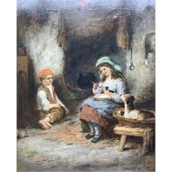 Mark William Langlois (British 1848-1924): Spoon-feeding Puppies by the Fire, oil on canvas signed 52cm x 42cm