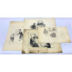 Set 3 early 20th century original cartoons on card, signed 'Mick' together with cartoon sketch on paper max 28cm x 37cm (4)