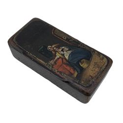 19th century papier mache snuff box, of rectangular form, the hinged cover painted with two female figures in an interior setting, L9cm 