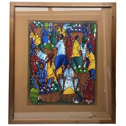 A A Khan (Bombay School): Mother and Child mixed media on canvas signed with two other signed continental style paintings, max 84cm x 53cm (3)