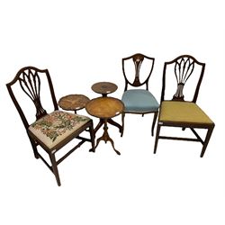 Edwardian inlaid shield-back chair and pair of Georgian side chairs with pierced splat backs and drop in seats; mahogany wine table with tripod base, two occasional tables with pie-crust tops (6)