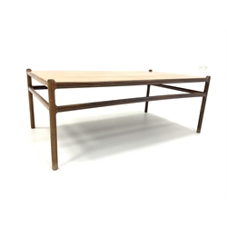 Johannes Anderson for CFC Silkeborg - Mid 20th century Danish Rosewood coffee/low table, with moulded supports united by stretchers, labelled 'Made in Denmark, CFC Silkborg' underneath 134cm x 76cm, H52cm