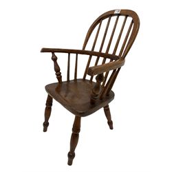 19th century oak and ash child's Windsor chair, the double hoop and spindle back over saddle seat raised on turned supports W44cm