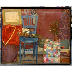 Modern British School (Mid 20th century): 'Still Life with Patchwork Quilt', oil on canvas titled verso 100cm x 125cm