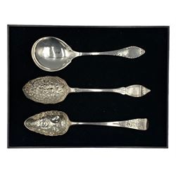 Victorian silver 'berry spoon' with engraved pointed finial London 1844, another London 1816 maker Thomas Purver and a Danish silver table spoon 1934 N.C.Meyer/Johannes Sigaard 