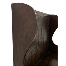Gnomeman - adzed oak tavern settle or bench, incised geometric cresting rail over panelled back, shaped solid end supports joined by pegged plank seat and stretcher, carved with gnome signature, by Thomas Whittaker, Littlebeck 
