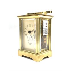 Quality 20th century brass and glass carriage clock, white enamel dial inscribed  'Rapport London' W8cm 