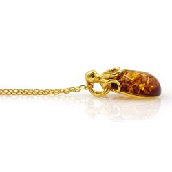 Silver-gilt pear shaped Baltic amber octopus pendant necklace, stamped 925