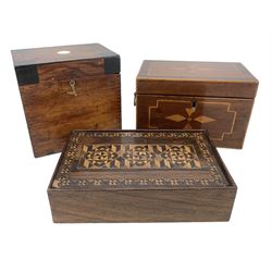 19th century mahogany inalid tea caddy with two brass ring handles, with modern interior, L18cm, Victorian decanter box and a Victorian rosewood parquetry box (3)