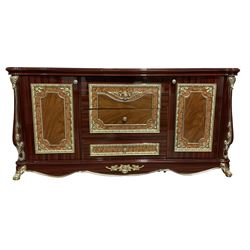 Rococo style wood finish sideboard, fitted with three drawers and two cupboard, decorated with scrolled foliate and flower heads 