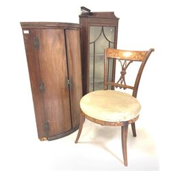 Georgian mahogany bow front corner cupboard, with two doors enclosing three shelves, (W67cm) together with an Edwardian inlaid mahogany corner cupboard with astragal glazed door (W59cm) and a late 19th century inlaid mahogany side chair (W52cm)