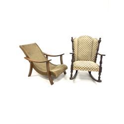 Late Victorian mahogany upholstered rocking chair, turned and fluted uprights surmounted by ball finials over open arm rests, (W77cm) together with a teak framed easy chair (W65cm)