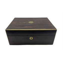 Victorian rosewood  jewellery box with campaign style handles, brass border and cartouche, lacking fitted tray, L30.5cm 