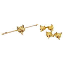 Pair of 9ct gold double head fox head cufflinks and a similar 9ct gold bar brooch, both by by Cropp & Farr,  London 1956 and 1966