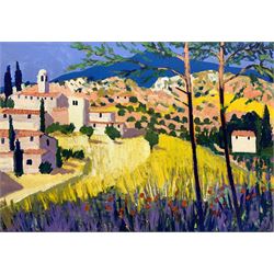 John Michael Saville (British 1922-2010): 'Mormoiron- Provence-Alpes-Côte d'Azur Region ' Southeastern France, acrylic on board unsigned, inscribed and titled verso 50cm x 70cm