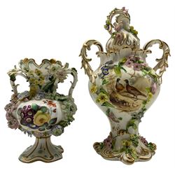 Coalbrookdale type floral encrusted twin handled pot pourri and cover, of baluster form, hand painted with panels of Game Birds on gilt scroll moulded base, H31cm and a similar vase of baluster form hand painted to both sides with floral sprays, puce painted pattern number beneath 3463, H18.5cm (2)