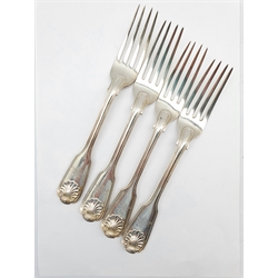 Four Victorian silver fiddle, thread and shell pattern table forks engraved with a monogram London 1865 Maker George Angell 13oz