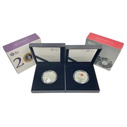 Two The Royal Mint United Kingdom 2019 silver proof piedfort five pound coins, comprising 'The Remembrance Day' and 'The 200th Anniversary of the Birth of Queen Victoria', both cased with certificates (2)