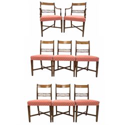 Set of eight (6+2) Regency mahogany dining chairs rail and lozenge pierced rail back over reeded uprights, swept supports and turned arm terminals, upholstered seats, raised on square tapered reeded supports united by 'X' stretchers W52cm