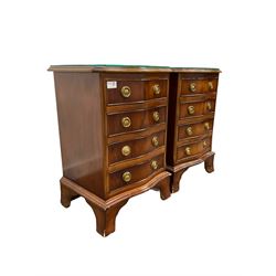 Pair of Georgian style yew wood serpentine bedside chests, shaped plate glass top over four drawers, raised on bracket supports W41cm