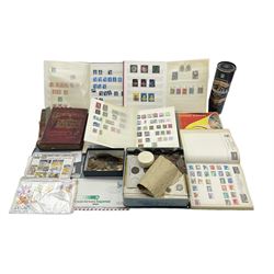 Stamps and coins, including Great British pre-decimal, Euros, pre-Euro coinage etc, stamps in albums and loose, Hong Kong, Belgium, France, Italy, Malta, Norway, Switzerland etc, in one box