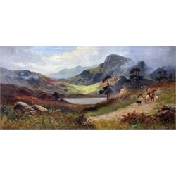Sidney Yates Johnson (British fl.1890-1926): Highland Cattle Walking in the Trossachs, Scottish loch scene, oil on canvas signed 30cm x 60cm