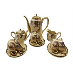 Early 20th century Japanese satsuma coffee set for six, decorated with wisteria and landscapes 