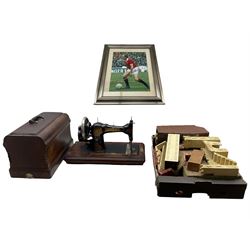 CS Jones sewing machine in case; signed Manchester United football photograph wooden vintage toy castle together with dominos and other vintage toys (5)