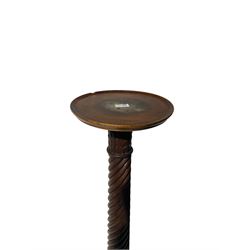 Late 19th century mahogany plant stand, circular dished top over rope-twist support with splayed cabriole feet