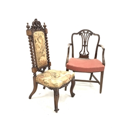 Victorian mahogany hall chair, pierced and scroll carved crest rail with two turned finials over spiral turned uprights, back and seat upholstered in cream floral fabric, further carving to apron, raised on scrolled cabriole supports (W49cm) together with a Georgian style mahogany carver armchair, pierced splat, moulded swept arms, upholstered seat, raised on square tapered supports (W59cm) 