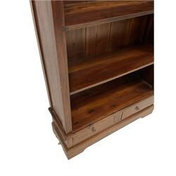 Tall stained hardwood bookcase, fitted with three shelves and two drawers