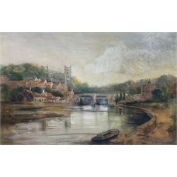 Frederick William Booty (British 1840-1924): River Landscape with Bridge and Cathedral, watercolour signed and dated 1912, 45cm x 70cm