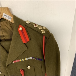 Modern British Army No 2 Dress uniform made up of tunic and trousers with medal ribbons for MBE, Korea War Medal and UN Korea medal, General Service Medal with MID leaf and Campaign Service Medal 