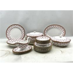 Spode red Fleur de Lys pattern dinner service comprising eight dinner plates, ten dessert plates, six dessert bowls, pair of vegetable dishes and covers, pair of open vegetable dishes, oval meat plate, gravy boat and two oval stands (32)