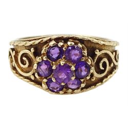 9ct gold amethyst cluster ring, the shoulders with applied filigree decoration, hallmarked