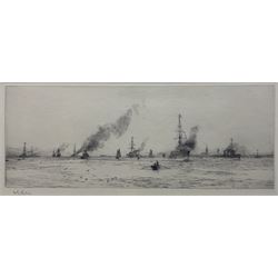 William Lionel Wyllie (British 1851-1931): 'Light Cruisers and Destroyers at Harwich', etching signed in pencil 12cm x 32cm