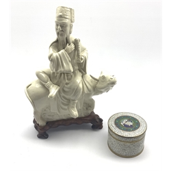  19th Century Chinese cylindrical box, the cover depicting the Lamb of God H7.5cm and a Chinese Blanc de Chine model of a Sage seated on a Water Buffalo on carved hardwood stand (a/f)  