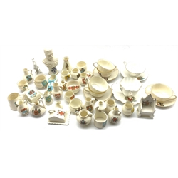 Collection of W.H. Goss and other crested ware including: Model of Queen Victoria's baby shoe, the exact size of the first shoes worn by Princess Victoria HM the late Queen, Model of Elizabethan Bushel Measure, three teacups and saucers, Carlton China bust and other examples 